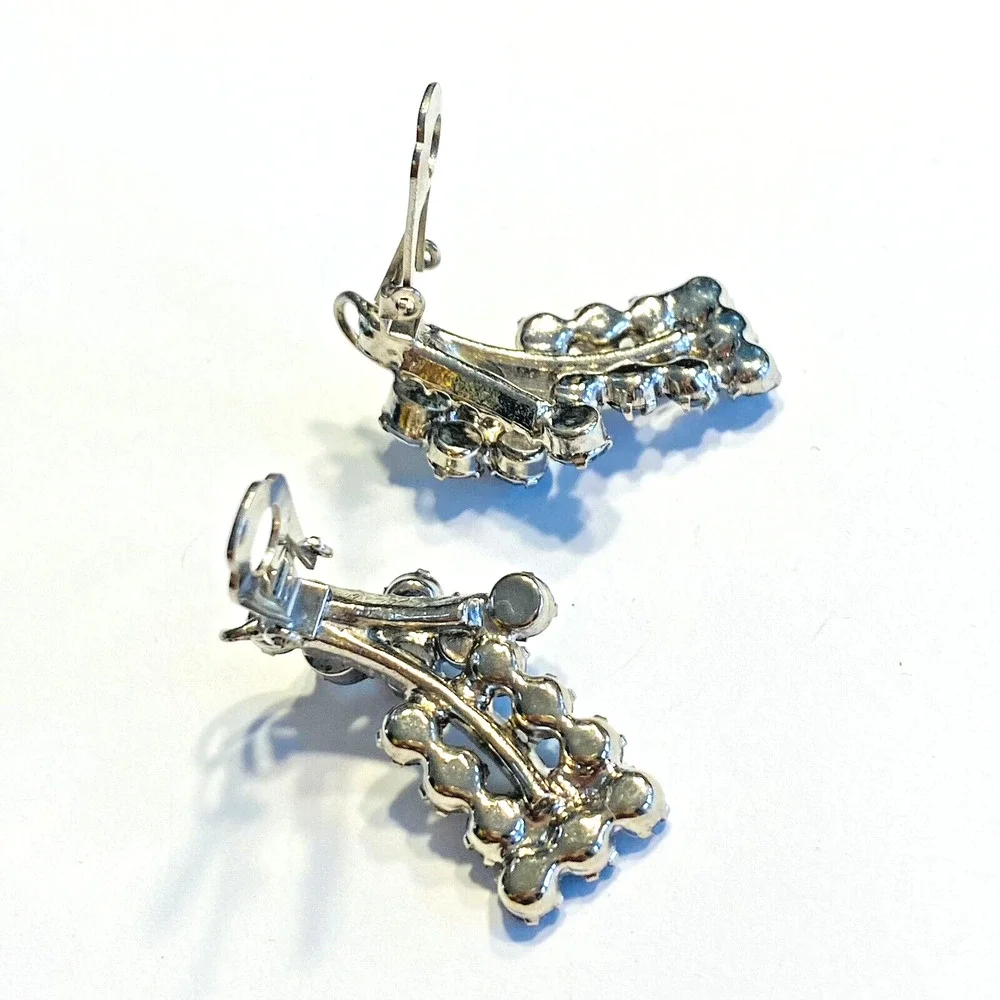 Vintage Clip On Earrings Silver & Light Blue Rhinestones Mid Century Jewelry